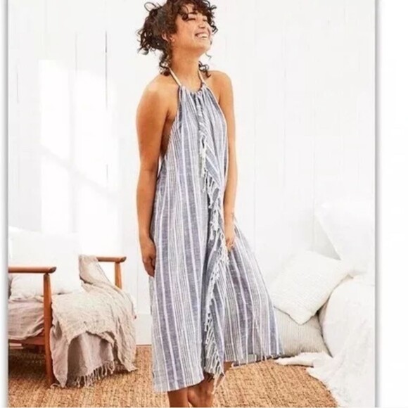 Aerie Blue Linen Blend Striped Halter Fringe Beachy Dress Size S/XS - Picture 1 of 6